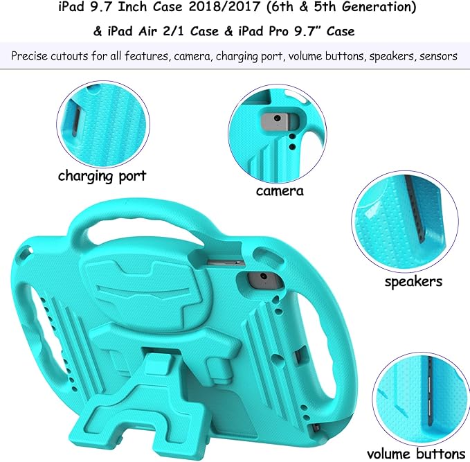 LTROP Kids Case for iPad 5th/6th Generation (9.7 inch, 2017/2018), iPad Air 1 & Air 2 & Pro 9.7 Kids Case with Shoulder Strap Handle Stand for iPad 5/6 & iPad Air 1st/2nd Gen, Turquoise