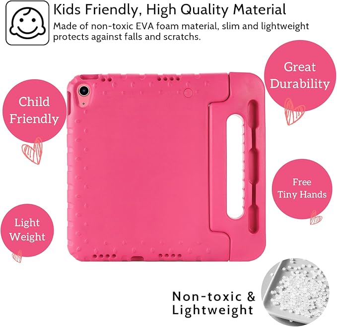 Dteck Kids Case for iPad 10th Generation 10.9" 2022 With Pencil Holder, Shockproof Rugged Lightweight EVA Handle Stand Child Proof for 10.9 Inch iPad 10th Gen, Rose