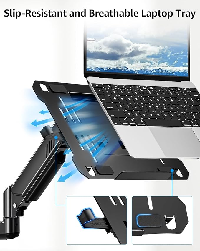 Laptop Wall Mount, 2-in-1 Monitor Wall Mount with Vented Tray fits Max 17" Notebook or 13-32" Computer Screen, Adjustable Laptop Arm Holds 4.4-22lbs, Gas Spring Laptop Holder Stand