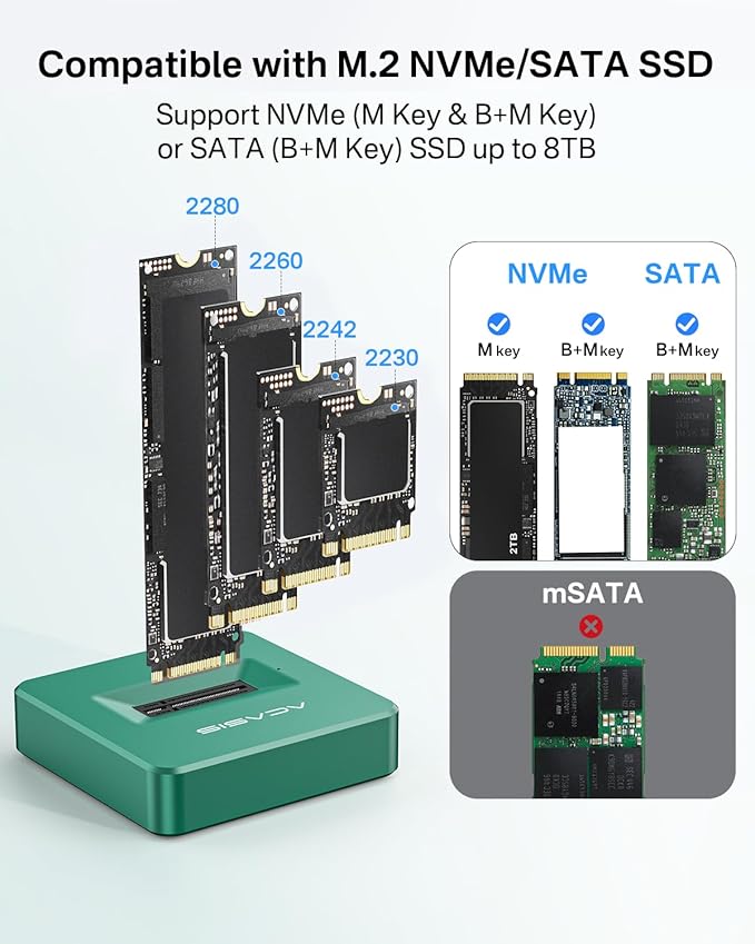 ACASIS NVME to USB Docking Station, Aluminium Alloy Housing Fast Heat Dissipation, M.2 to USB Adapter 10Gbps, NVME SSD Reader Adapter Support M.2 (M Key) NVMe SSD and (B+M Key) (Green)