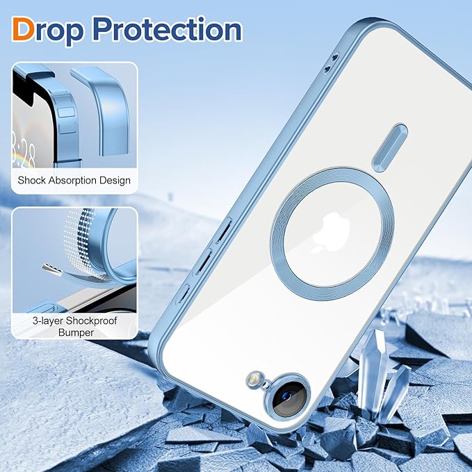 Hython Magnetic Clear for iPhone 16e Case with Camera Lens Protector [Compatible with MagSafe] Luxury Plating Edge Slim Soft TPU Cover Protective Phone Case for iPhone 16e 6.1", Matte Light Blue