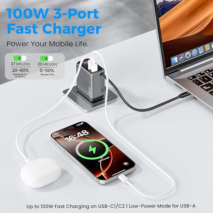 Retractable 100W USB C Charger, 3-Port GaN Fast Phone Charger with Smart Display & Touch Control, Foldable Wall Charger for iPhone 17/16, MacBook Pro/Air, iPad & More (Built-in Cable)