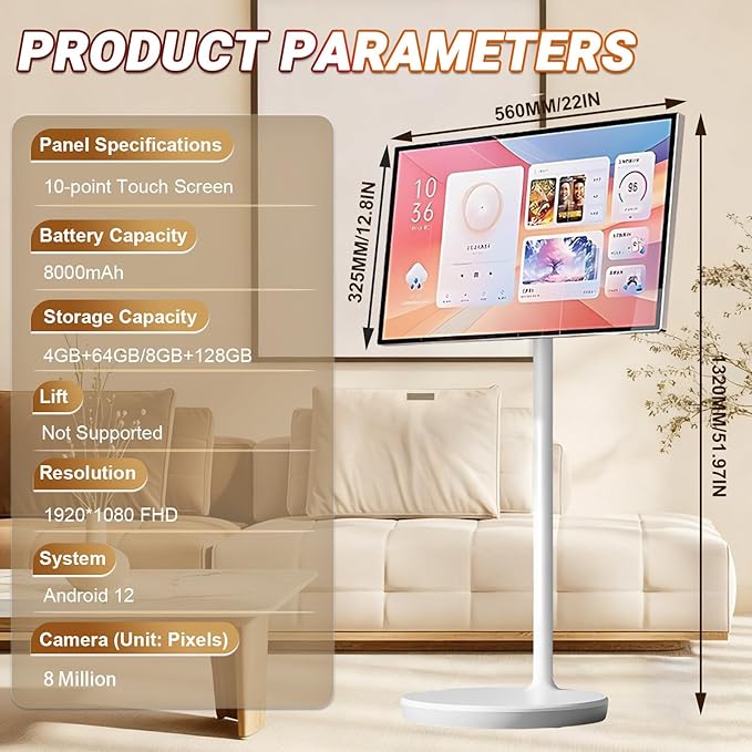 21.5" 24" 27" 32" Smart Mobile Monitor Portable Touch Screen TV with 8MP/13MP Camera Entertainment Display(8+128GB(1080P),24IN)