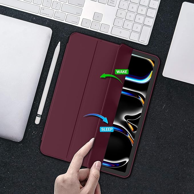 iMieet Case for iPad Pro 11 Inch (M5) 2025 /(M4) 2024 5th Gen, Trifold Stand Smart Cover with Pencil Holder and Soft TPU Back, Auto Wake/Sleep (Wine)