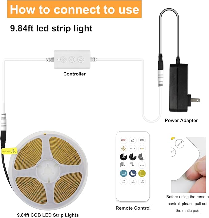AXMOTUT COB LED Strip Lights with Remote, 24V 9.84ft White Dimmable LED Light Strips, High Bright 6000K LED Lights with Power Supply for Room, Kitchen, DIY Home Decoration