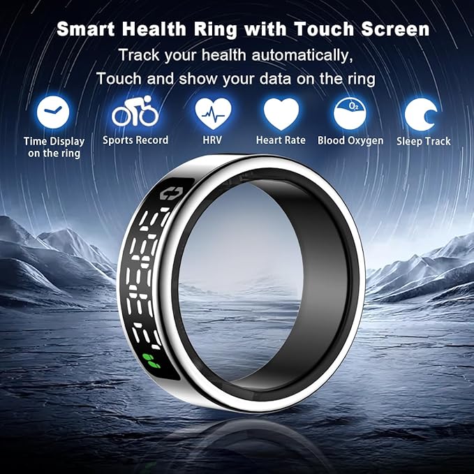 Smart Health Ring with Screen,for Women Men Fitness Tracker Heart Rate, Blood Oxygen, HRV,Sleep Monitoring, Step Counting, IP68 for iPhone and Android, No Subscription Fee (Silver, 12#)