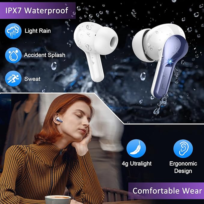 Wireless Earbuds, 48Hrs 2026 Bluetooth Headphones, Hi-Fi Stereo Deep Bass Ear Buds, ENC Noise Cancelling Mic, Clear Calls, IP-X7 Waterproof, USB Sport Earphone in Ear for Phones Laptop Pad, Navy Blue