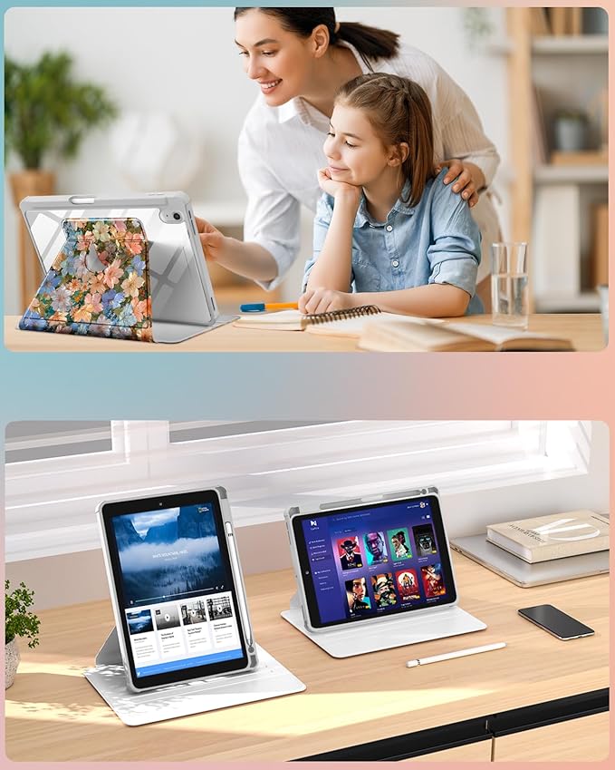 Uppuppy for iPad A16 Case for iPad 10th Generation Case 10.9 inch - 360 Degree Rotating Stand Folio Smart Cover with Pencil Holder for Women Girls, Beautiful Flowers for Apple 10th 2022/11th 2025