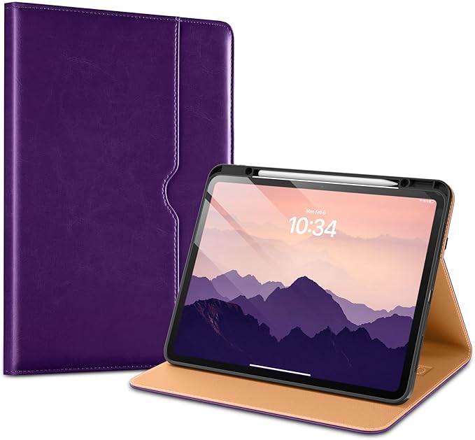 VIKESI Case for iPad Pro 13-inch M5 or M4 Released in 2025 or 2024, Leather Stand Cover with Apple Pencil Holder, Auto Wake/Sleep, Multiple Viewing Angles, Built in Hand Strap & Pocket,Dark Purple