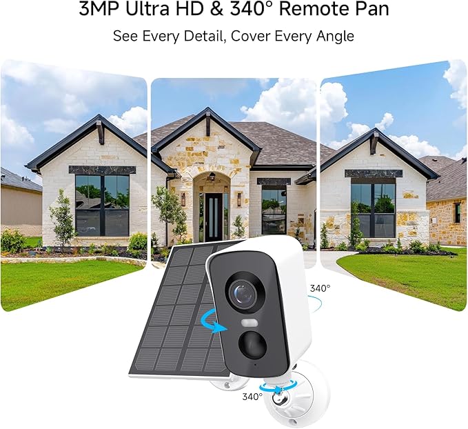 Arenti Solar Camera Outdoor Wireless, 3MP 2K with 340° Pan, PIR Detection, Color Night Vision, 2-Way Audio, Battery with Solar Powered Wireless Cameras for Home Security Outdoor, Works with Alexa