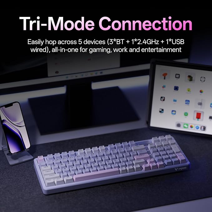 Rapoo V700DIY-98 Wireless Mechanical Keyboard, BT5.0 + 2.4GHz, Hot Swappable Custom Gaming Keyboard, Speed Silver Linear Switch, 16.8M Per-Key RGB, Gasket Mount, Creamy Sound, Full Anti-Ghosting, Pink