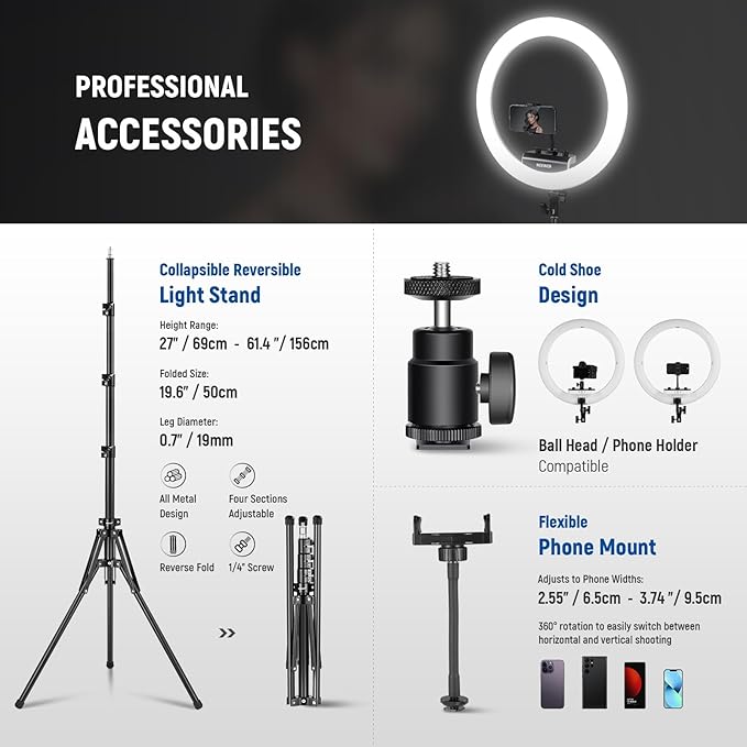 NEEWER 18 inch Ring Light with Tripod Stand and Phone Holder, Ultra Thin Video Ringlight 2900K-7000K TLCI98 App Control, Softer Lighting for Lash Tattoo Makeup Live Stream TikTok, RP18B Pro White