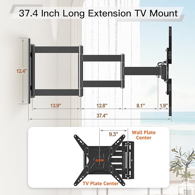 ELIVED Outdoor Long Arm TV Wall Mount for Most 26-65 Inch TVs, 37.4 Inch Long Extension TV Mount Swivel and Tilt, Max VESA 400x400mm, Full Motion Weatherproof Wall Mount tv Bracket Holds up to 77 lbs.