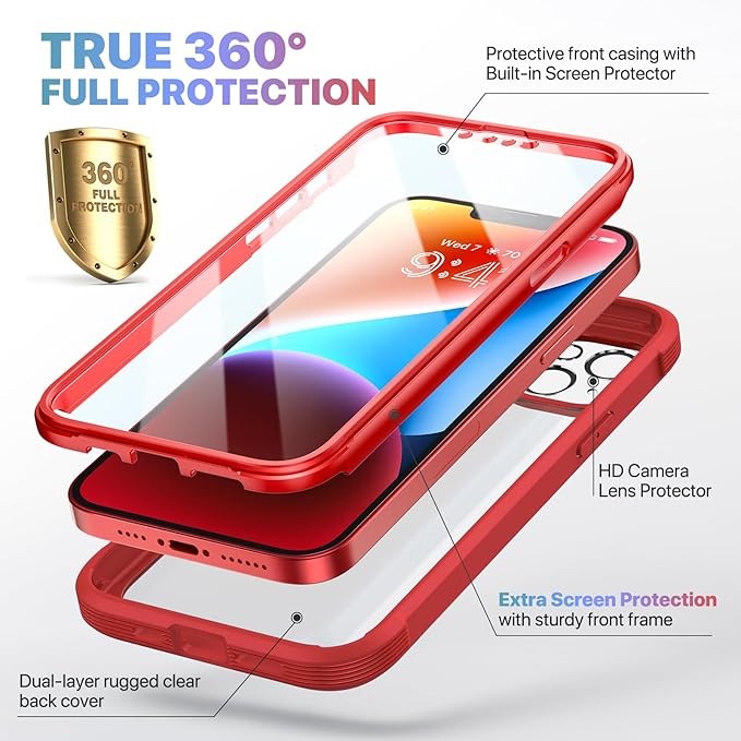 Diaclara Designed for iPhone 14 Case, Full Body Rugged Case with Built-in Touch Sensitive Anti-Scratch Screen Protector, with Camera Lens Protector for iPhone 14 6.1" (Red and Clear)