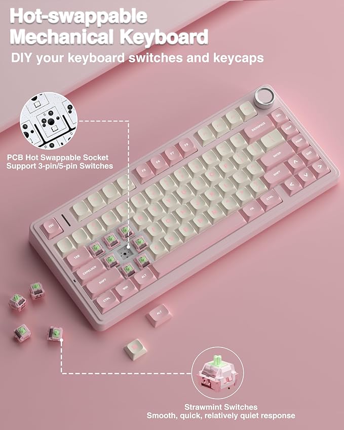 AULA F75 75% Wireless Mechanical Keyboard, Hot Swappable Pink Creamy Keyboard, Pre-lubed Linear Switches, PBT Keycaps, 2.4GHz/Type-C/BT5.0, RGB Backlit Computer Gaming Keyboards for Office/Laptop/PC