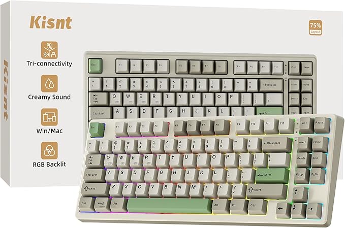 Kisnt KN85 Wireless Mechanical Gaming Keyboard, 75% Layout with RGB Backlit, Custom Hot Swappable, Creamy Sound, Bluetooth/2.4GHz/USB-C Compatible with Windows/Mac/PC (Industrial Gray,Linear Switch)