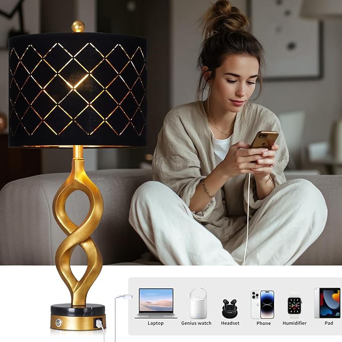 Cinyirong 30" Black and Gold Table Lamp for Living Room, Modern Touch Control Bedside Lamp for Bedroom, 3-Way Dimmable Sculptural Resin Nightstand Lamp with USB A+C Ports and 1 LED Bulb (1 Pack)