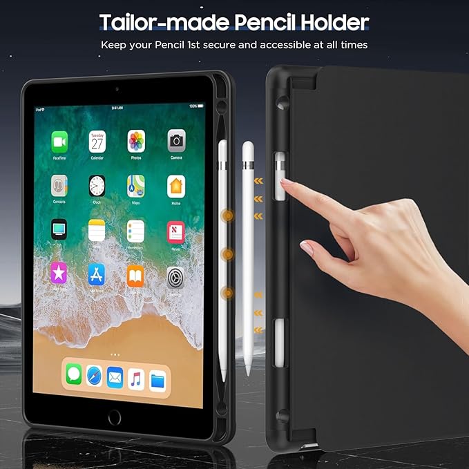 MoKo Case for iPad 6th / 5th Generation (2018 / 2017Model, 9.7 Inch) with Apple Pen Holder, Slim Hollow Logo Smart Cover for iPad 9.7 inch, Also Fit iPad Pro 9.7/Air 2/Air, Auto Wake/Sleep, Black