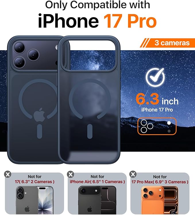 Magnetic for iPhone 17 Pro Case,[Anti-Slip][Compatible with MagSafe][Military Grade Drop Protection] Shockproof Protective Translucent Matte Phone Case for iPhone 17 Pro Case,Midnight Blue