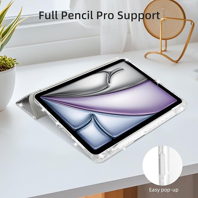 Case for iPad Air 13 Inch (M4/M3/M2, 2026/2025/2024) & iPad Pro 12.9 6/5th Gen (2022/2021), Glittering Sparkly Cover with Shiny Clear Back Shell, Trifold Stand Case with Pencil Holder, Silver