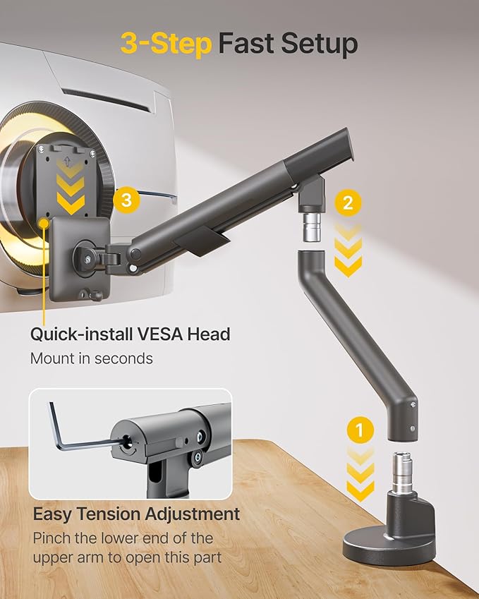 monTEK Heavy Duty Single Monitor Arm for 17-40 Inch Screens, Full Motion Monitor Mount Up to 26.4 lbs, Aluminum Monitor Stand with VESA 75/100mm, C-Clamp/Grommet Base for Curved Screens, Gray