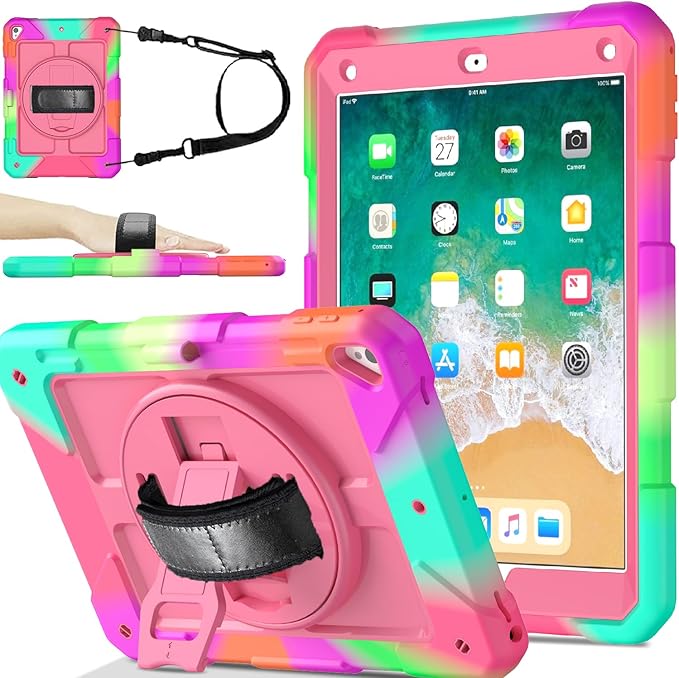 BMOUO Case for iPad 6th/5th Generation Case (9.7 inch, 2018/2017), 360°Rotating Stand, Hand/Shoulder Strap Shockproof iPad 9.7” Case for iPad Air 2, Rose