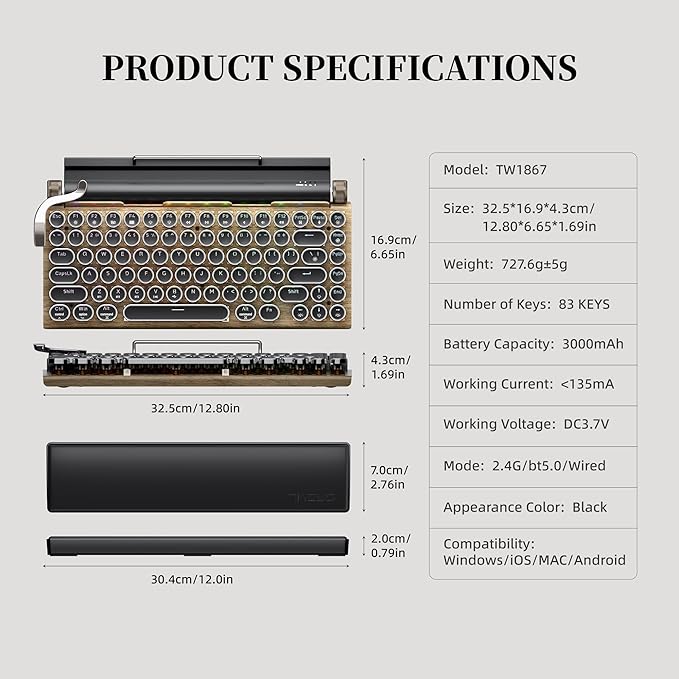 7KEYS Typewriter Keyboard Wireless Retro Style, Vintage Classical Mechanical Keyboard with Bluetooth for IPAD PC/Laptop Mac/Phone (Wood+Wrist)