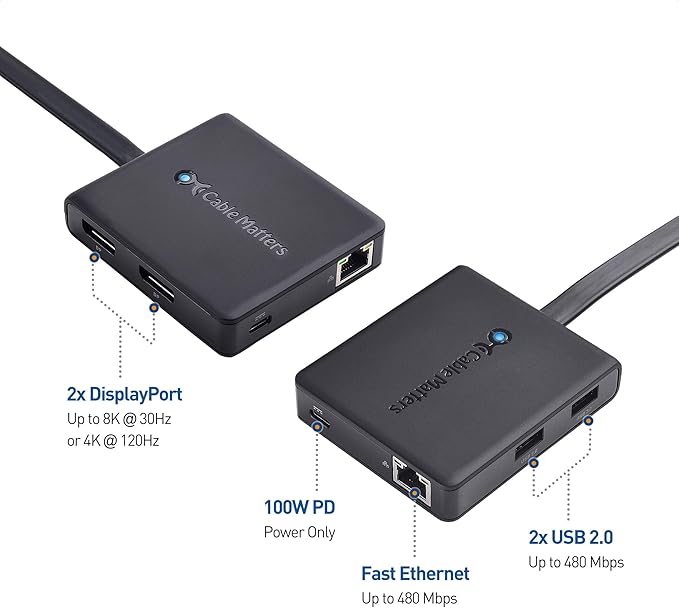 Cable Matters Dual 4K 60Hz Monitor USB C Hub with DisplayPort 1.4 and 100W Charging - macOS is Not Supported - Thunderbolt 3, Thunderbolt 4, USB4 Compatible for Surface Pro, XPS, Windows Only