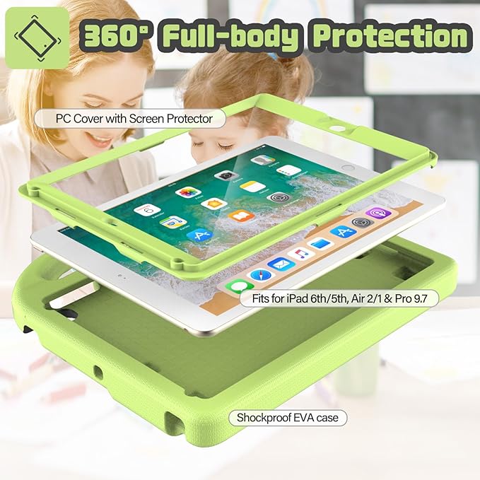 YIHE Shockproof Kids Case for iPad 6th/5th Generation (9.7 inch, 2018/2017), iPad Air 2/1 & Pro 9.7 | Durable Protective Cover with Built-in Screen Protector & Stable Stand, Light Green