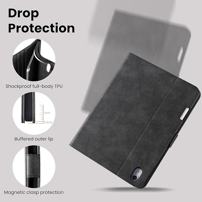 Case for iPad Air 11 Inch M4/M3/M2 (2026/2025/2024),iPad Air 5th/4th Generation 10.9'' Folio Cover with Pencil Holder Pocket,Magnetic Closure,Multi Angles Stand,Auto Sleep/Wake,Black