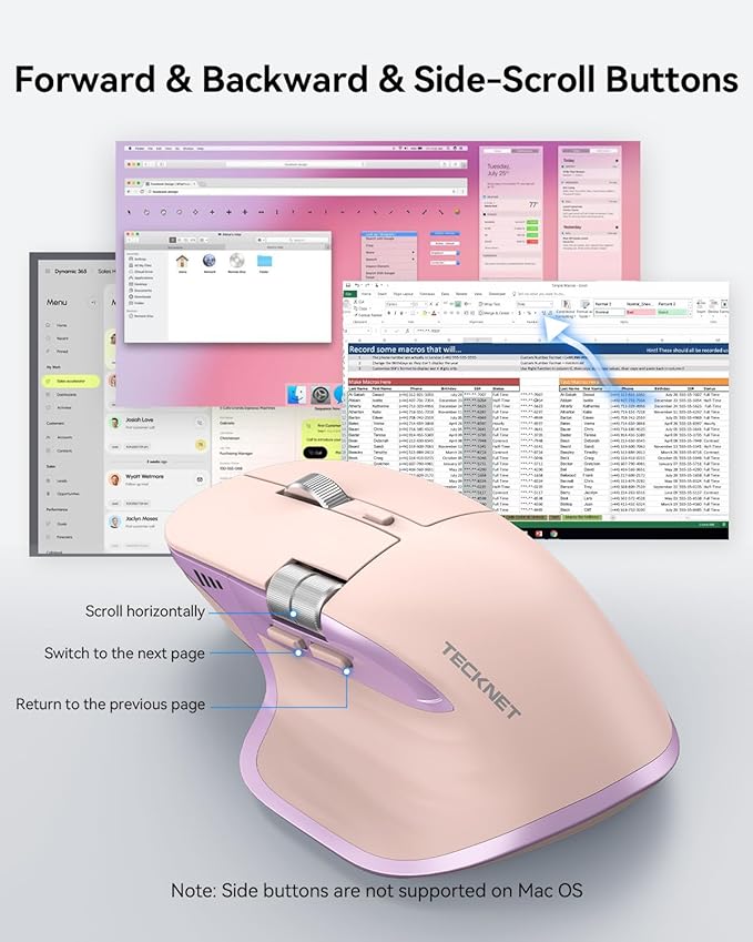 TECKNET Wireless Mouse, Bluetooth Mouse (BT5.3/5.0 & 2.4G) Rechargeable Ergonomic Optical Mouse with 6 Adjustable DPI, Side Scroll, USB A Receiver, 7 Buttons, Wide Compatibility - Pink & Purple