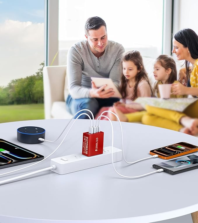 USB C Wall Charger Block, 2Pack 50W USB C Charger 5-Port PD Fast Charging Blocks,QC 3.0 USB A Multiport Plug,Type C Power Adapter Brick Cube for iPhone 17/16/15/14/13/Pro,Samsung,for Switch/Pixel（Red）