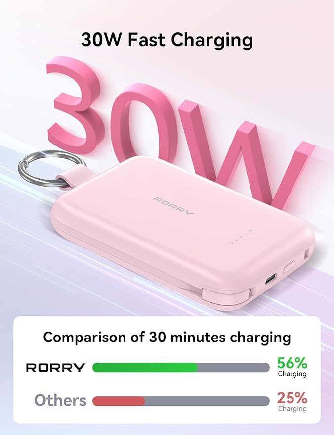 RORRY CharmGo Portable Charger, 10000mAh PD 30W Fast Charging Portable Charger Power Bank with Built-in Cables, Travel Keychain Charger Battery Pack for iPhone 17/16/15, for AirPods 2/3/4/Pro, Purple