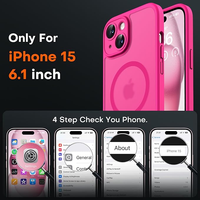 TOCOL for Phone 15 Case, Compatible with Magsafe Charger, Full Camera Protection, Drop Protection, Translucent Matte Phone Case for iPhone 15 6.1 inch (Hot Pink)
