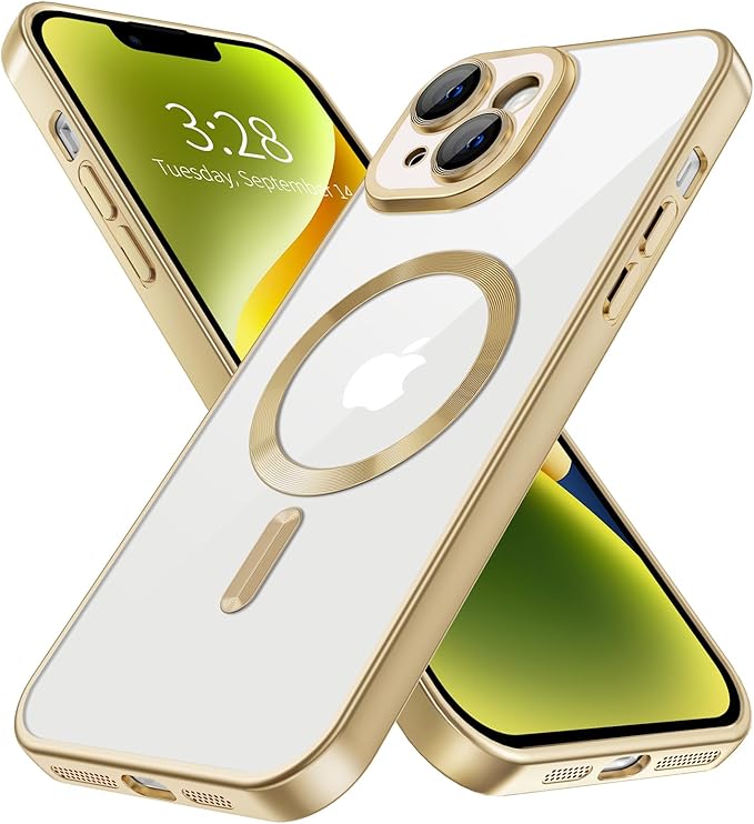 Hython Magnetic Clear for iPhone 14 Plus Case with Camera Lens Protector [Compatible with MagSafe] Luxury Plating Edge Slim Soft TPU Cover Protective Phone Case for iPhone 14 Plus 6.7", Matte Gold