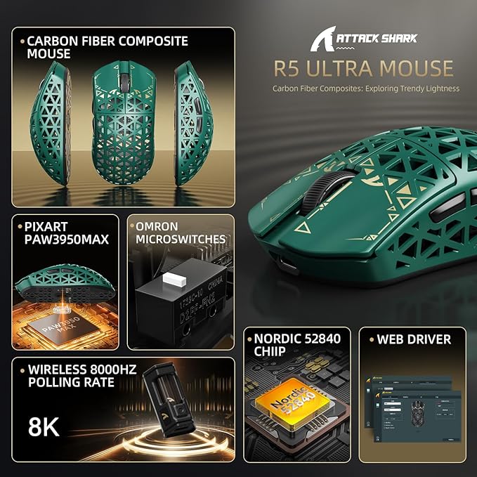 ATTACK SHARK R5Ultra 8K Carbon Fiber Wireless Gaming Mouse with 42000 DPI -PAW3950 MAX Sensor -39g Ultra-Lightweight-Nordic 52840 MCU Chip-Wired/BT/2.4GHz Wirelss Programmable Mouse for PC/Mac (Green)