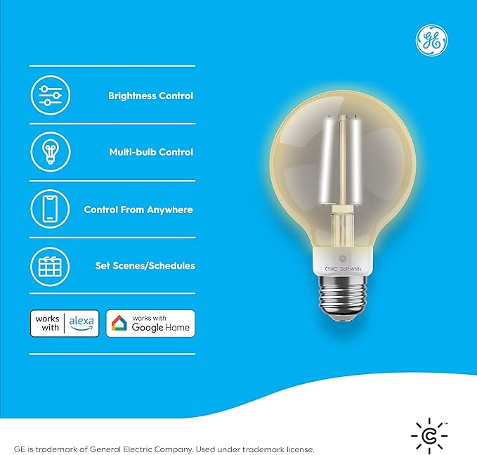 GE CYNC Smart LED Light Bulbs, G25 Globe Bulb, WiFi Light, Soft White, 60W Equivalent, Works with Amazon Alexa and Google Home (4 Pack)