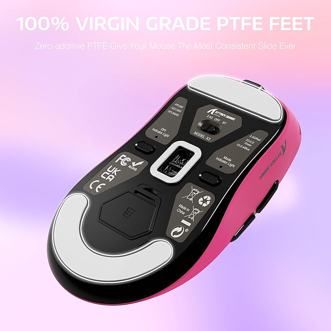 ATTACK SHARK X3 Wireless Gaming Mouse, 49g Ergonomic Computer Mouse, Triple Modes PAW3395 26K DPI Optical Sensor, 200h Battery Life, Programmable Buttons, Gaming Accessories for PC/Laptop/Mac (Berry)