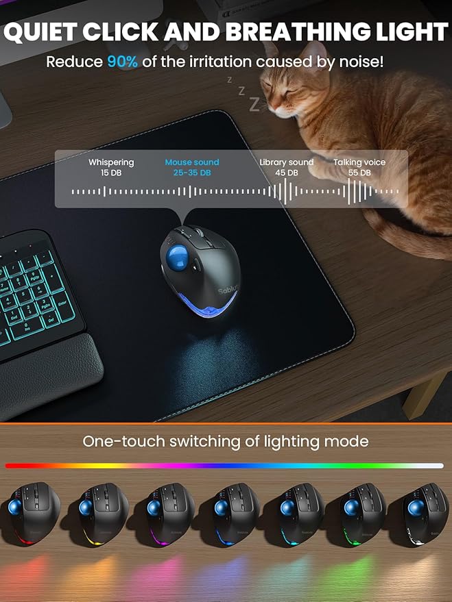 MAM1 Pro Wireless Trackball Mouse, Ergonomic Bluetooth Rechargeable Computer Mouse, Backlit Rollerball Thumb mice with 5 Level DPI, Adjustable Angle, 3 Devices Connection for PC, Windows - Blue Ball