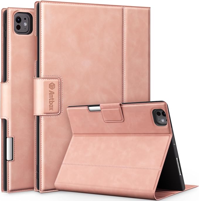 Antbox for iPad Pro 11 Inch Case M5 2025/M4 2024, Premium Vegan Leather, Supports Pencil Pro and Pencil (USB-C), Auto Sleep/Wake Function, Built-in Pencil Holder (Pink)