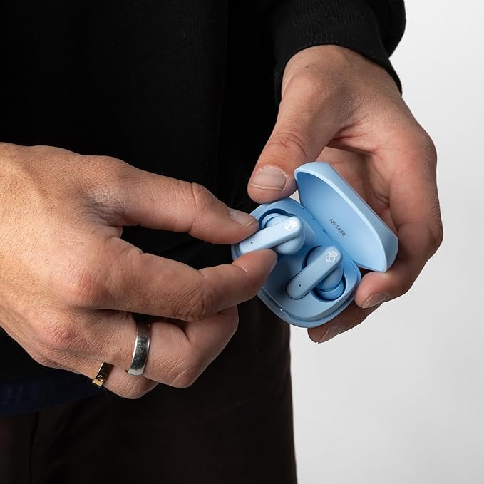 Skullcandy Smokin’ Buds Wireless Earbuds, Bluetooth Headphones, Noise Isolating Fit, Up to 20 Hours Battery, IPX4 Sweat and Water Resistant, Microphone for iPhone Android - Preppy Blue