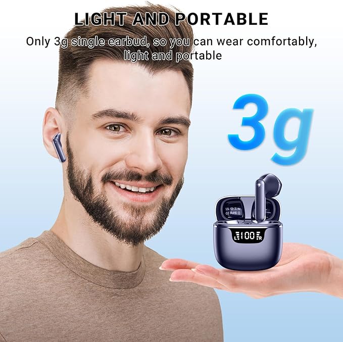 Wireless Earbuds, Bluetooth 5.4 Headphones with 42H Ultralight Ear Buds, Bluetooth Earbuds with 4 ENC Noise Cancelling Mics, HiFi Deep Bass Dual LED Display USB-C, IPX6 Waterproof Earphones Blue