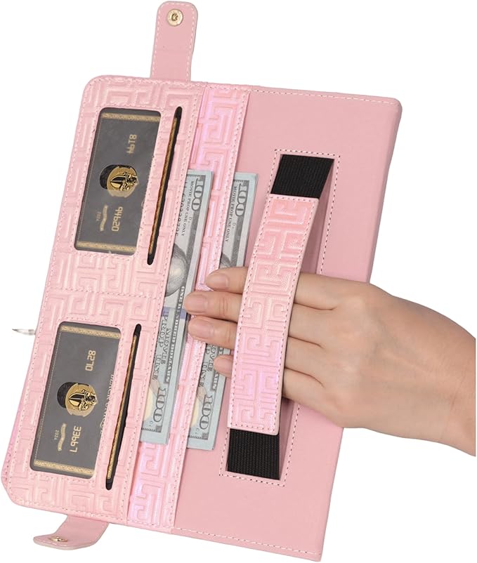 Shiny Case for iPad Pro 11" M5 M4 (2025/2024) Handbag Case, Techcircle Iridescent PU Leather Folio Envelope Pocket Stand Cover with Hand Strap+Shoulder Strap+Pencil Holder+Card Slots, Shiny Pink