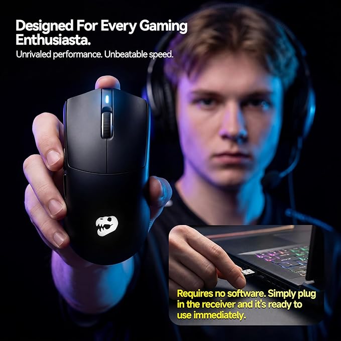 J-Tech Digital Wireless Mouse for Gaming-Designing-Work, 47g Ultra Lightweight, 200 to 24000 DPI, Tri-Mode 2.4G/USB-C/Bluetooth with DIY Sticker 120-hour Rechargeable Battery, Symmetrical Design