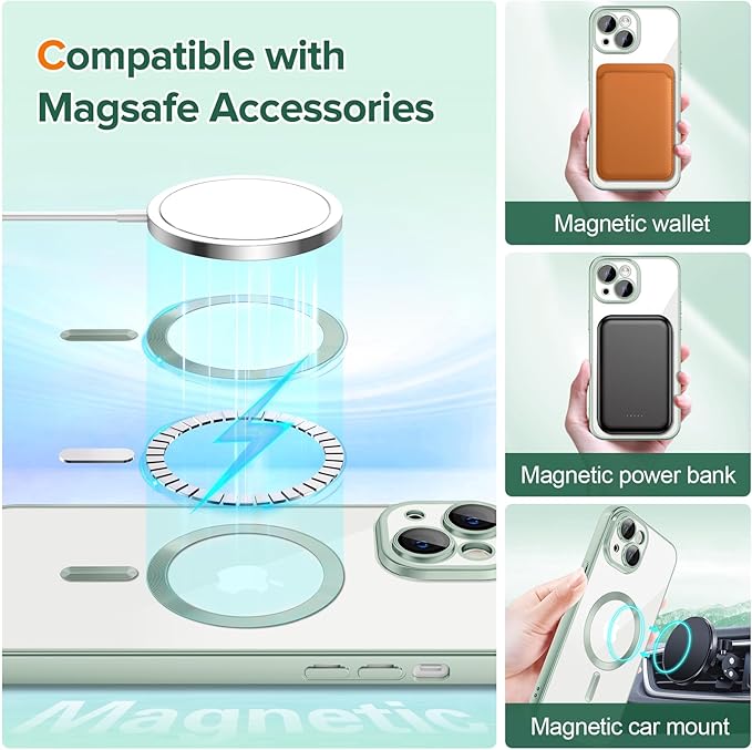 Hython Magnetic Clear for iPhone 15 Plus Case with Camera Lens Protector [Compatible with MagSafe] Luxury Plating Edge Slim Soft TPU Cover Protective Phone Case for iPhone 15 Plus 6.7", Matte Mint