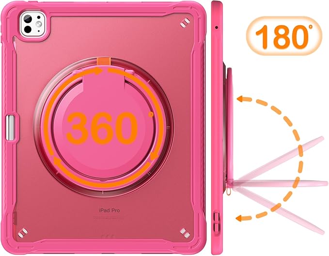 Batianda for iPad Pro 13 inch Case 2025 M5 2024 M4 Chip Lightweight Dual-Layer Protective Tablet Cover, Durable Shock-Absorbing Corners with 360° Rotating Kickstand Ring Built-in Pen Slot, Pink