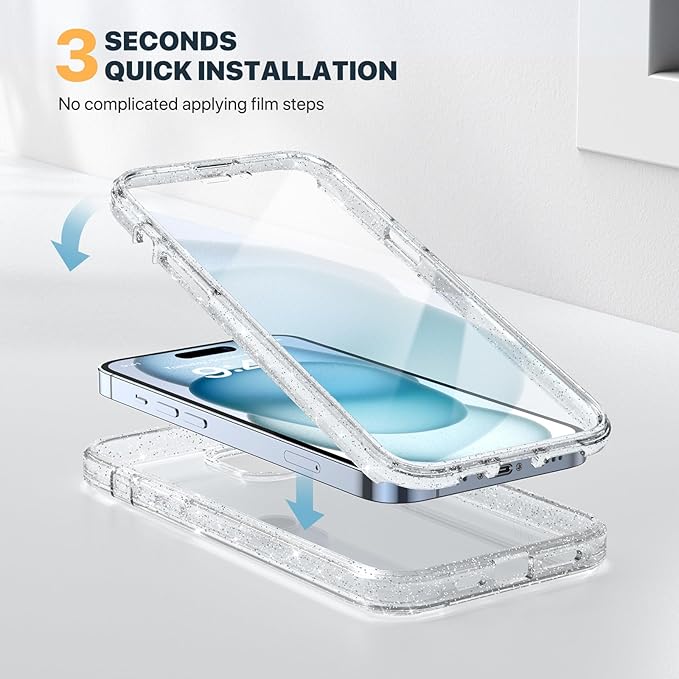 Diaclara Designed for iPhone 15 Plus Case 6.7'', Full Body Rugged Case w/Built-in Touch Sensitive Anti-Scratch Screen Protector+9H Glass Camera Lens Protector, Clear Glitter