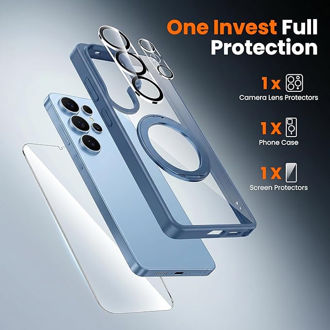 360°Ring Stand for Samsung Galaxy S26 Ultra Case with 1X Screen Protector +1X Camera Cover,Fit for MagSafe, Anti-Yellowing & Scratch-Resistant Back Phone Case for Galaxy S26 Ultra 6.9", Clear Blue