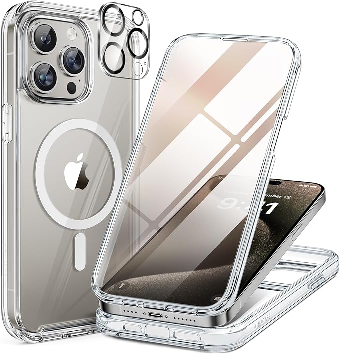Miracase Magnetic for iPhone 15 Pro Case Full-Body Bumper Phone case with Built-in Glass Screen Protector& Camera Protector, [Compatible with MagSafe] Military Drop Proof 15 Pro Cover 6.1 inch,Clear