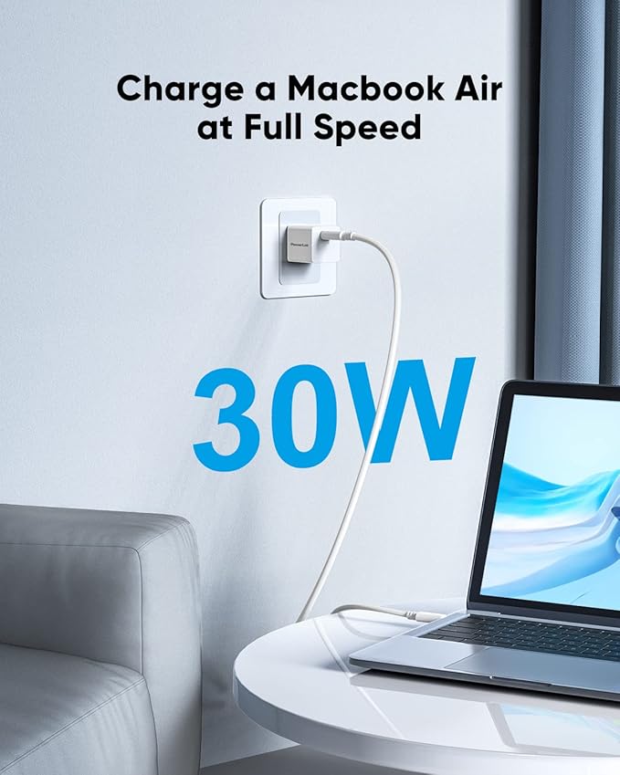 30W USB-C Power Adapter PowerLot GaN III USB C Wall Charger, PD USBC Fast Charger Block for iPhone 15/15 Pro/15 Pro Max/15 Plus/14/13/12/11, Pixel 7/7 Pro, iPad Pro/Air, AirPods, iWatch, MacBook Air